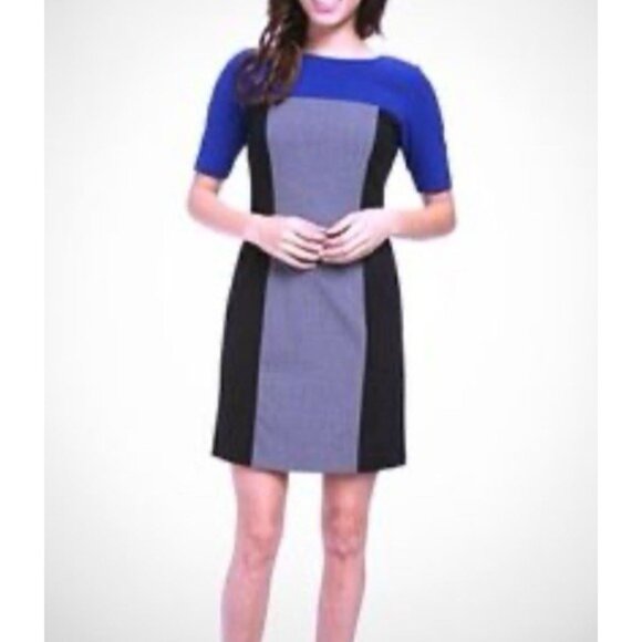 Tahari Dress 14 Black Blue Gray Colorblock Short Sleeve Sheath Career Church - Picture 1 of 11